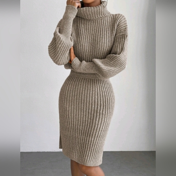NEW Luxe Ribbed Knit Turtleneck Sweater Dress Long Sleeve Tan Beige - Picture 3 of 8